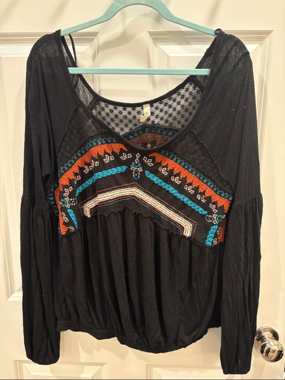 Free People Black Boho Embroidered Long-Sleeve Women's Top